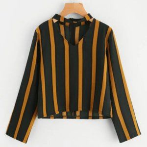 Choker Neck Green & Yellow Striped Blouse